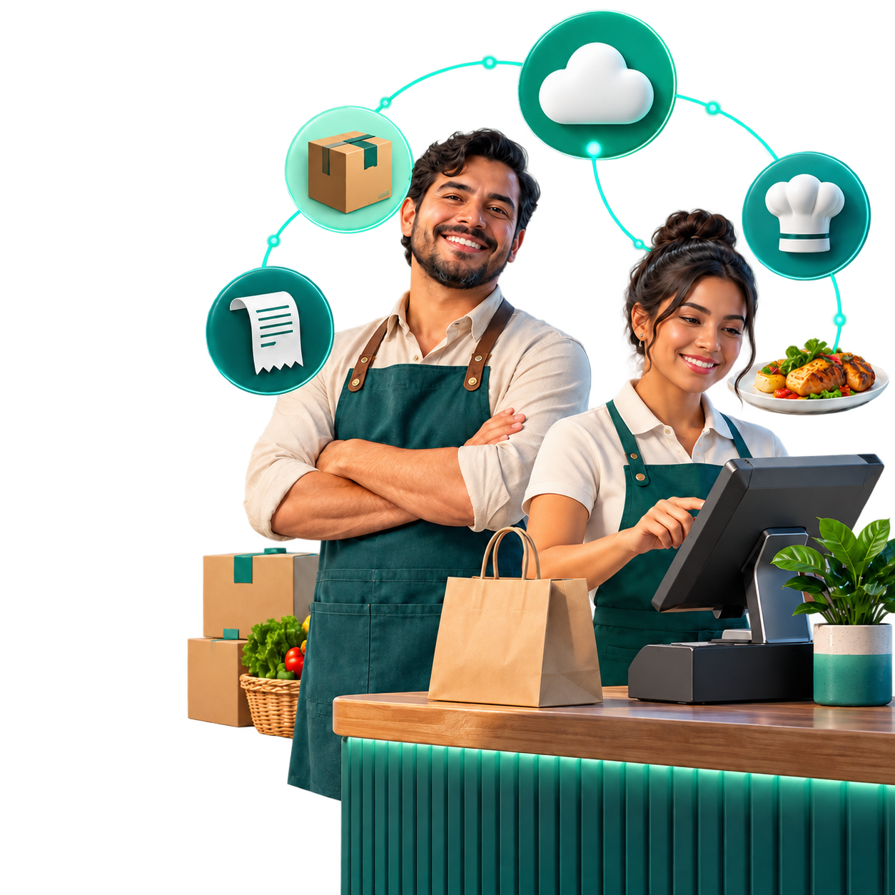 Personas operando un punto de venta conectado con inventario y pedidos