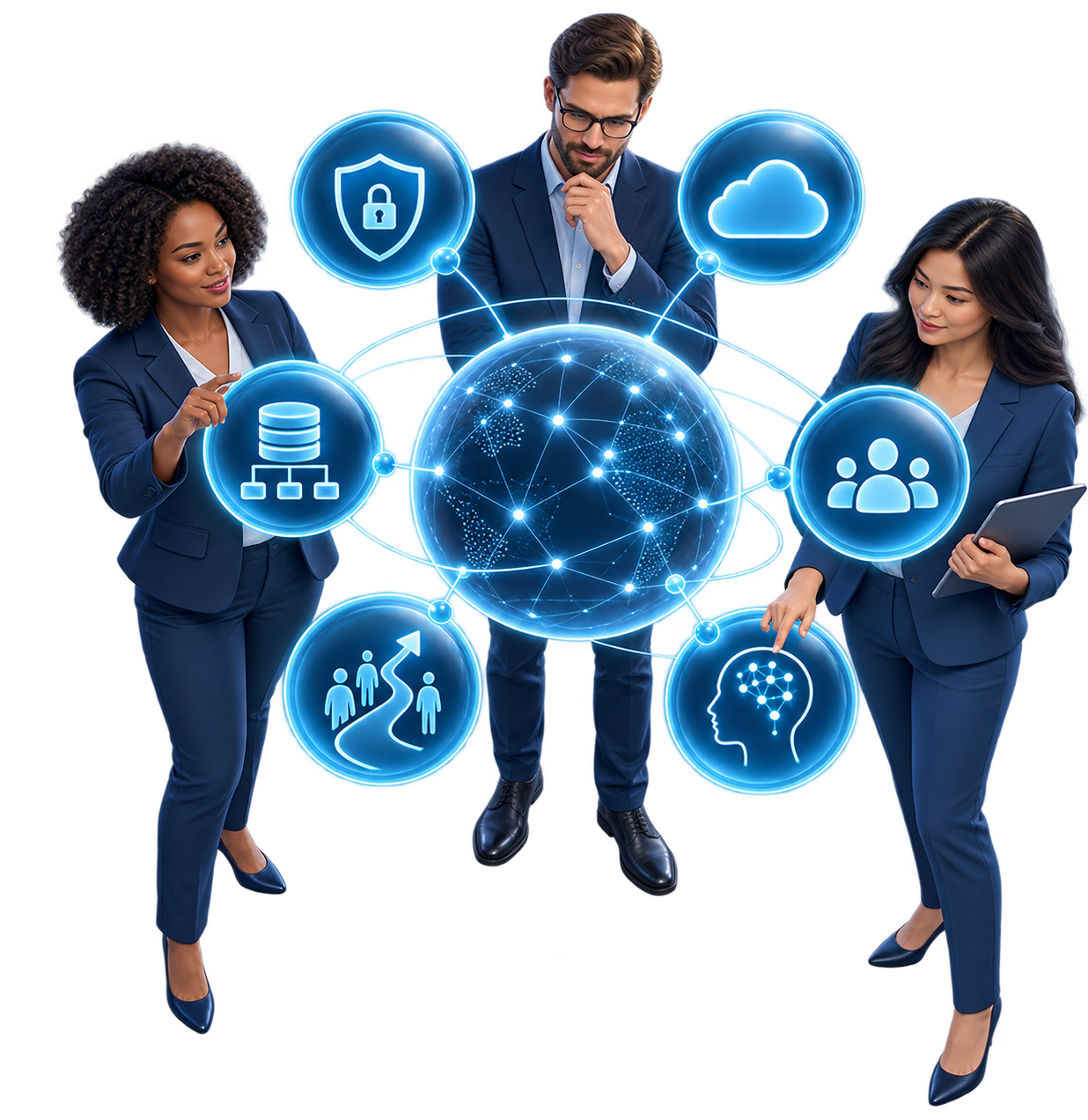 Equipo conectando ciberseguridad, colaboración, cloud, datos e inteligencia artificial